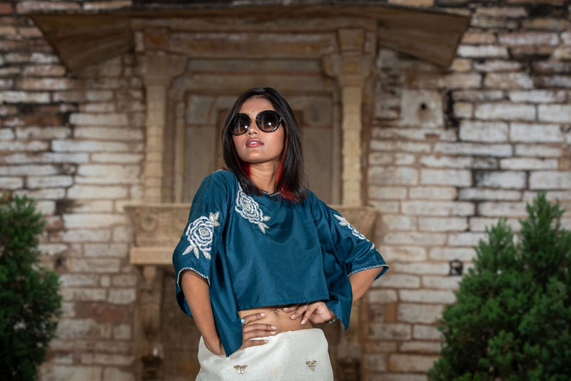 Blue Color Crepe Silk Blouse Kaftaan Style Designer - Bahama - Naksheband