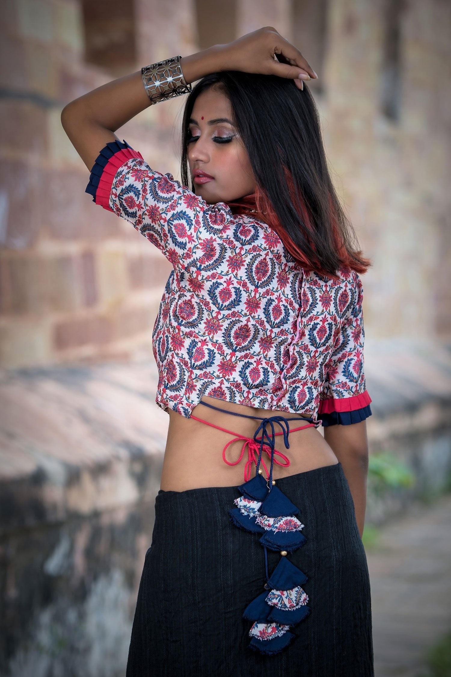 Multi Color Cotton Printed Blouse With Tassels Designer- Blossom - Naksheband
