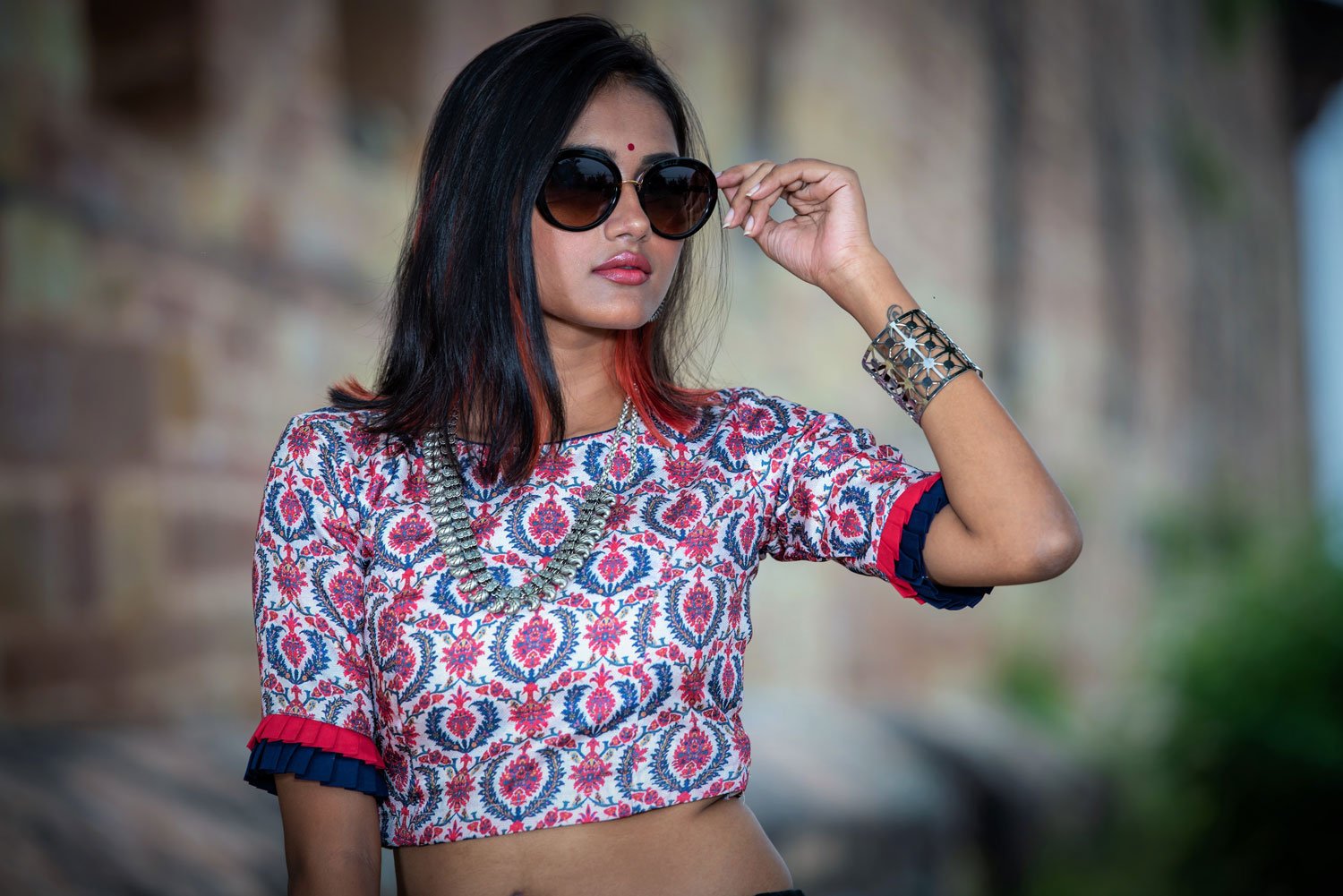 Multi Color Cotton Printed Blouse With Tassels Designer- Blossom - Naksheband