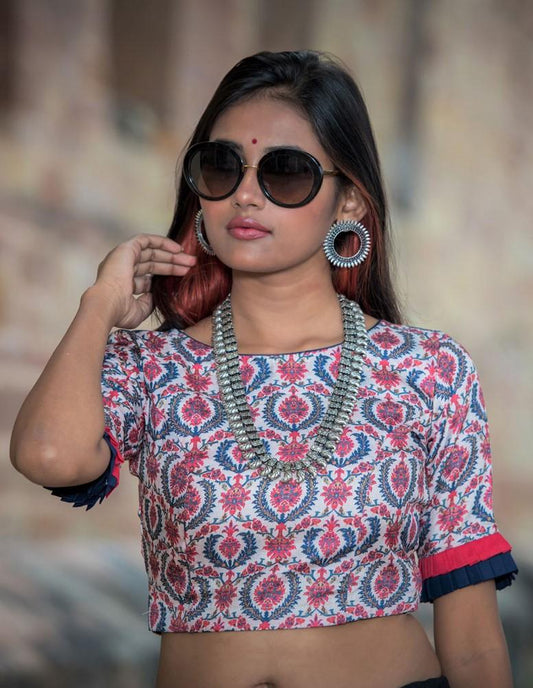 Multi Color Cotton Printed Blouse With Tassels Designer- Blossom - Naksheband