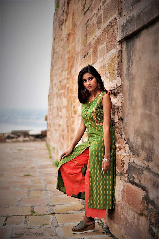 Green and Peach Color Cotton Suit Set Designer - Flowra - Naksheband