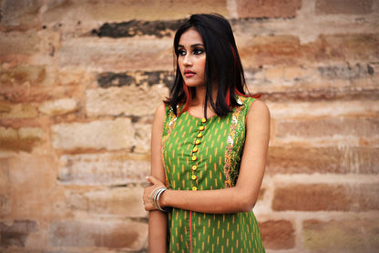 Green and Peach Color Cotton Suit Set Designer - Flowra - Naksheband