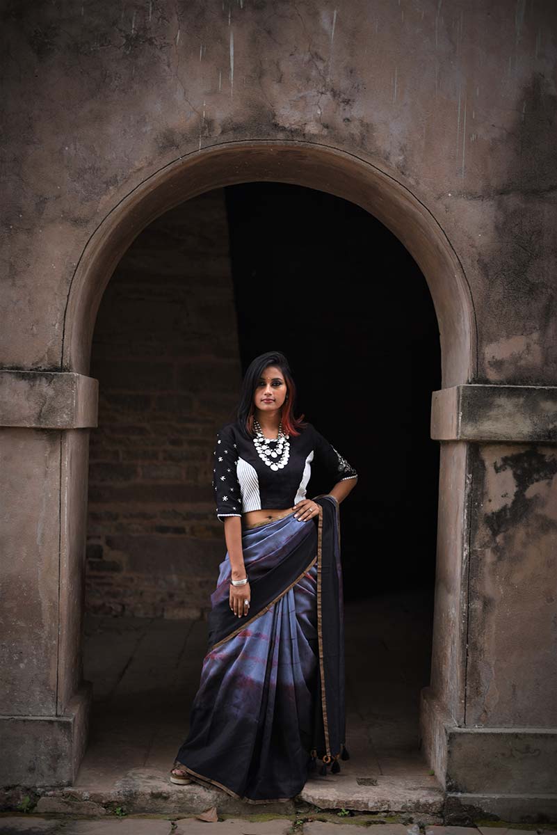 Black And Grey Color Designer Pure Silk Chanderi Saree - Shibori - Naksheband