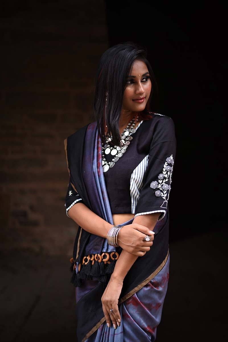 Black And Grey Color Designer Pure Silk Chanderi Saree - Shibori - Naksheband