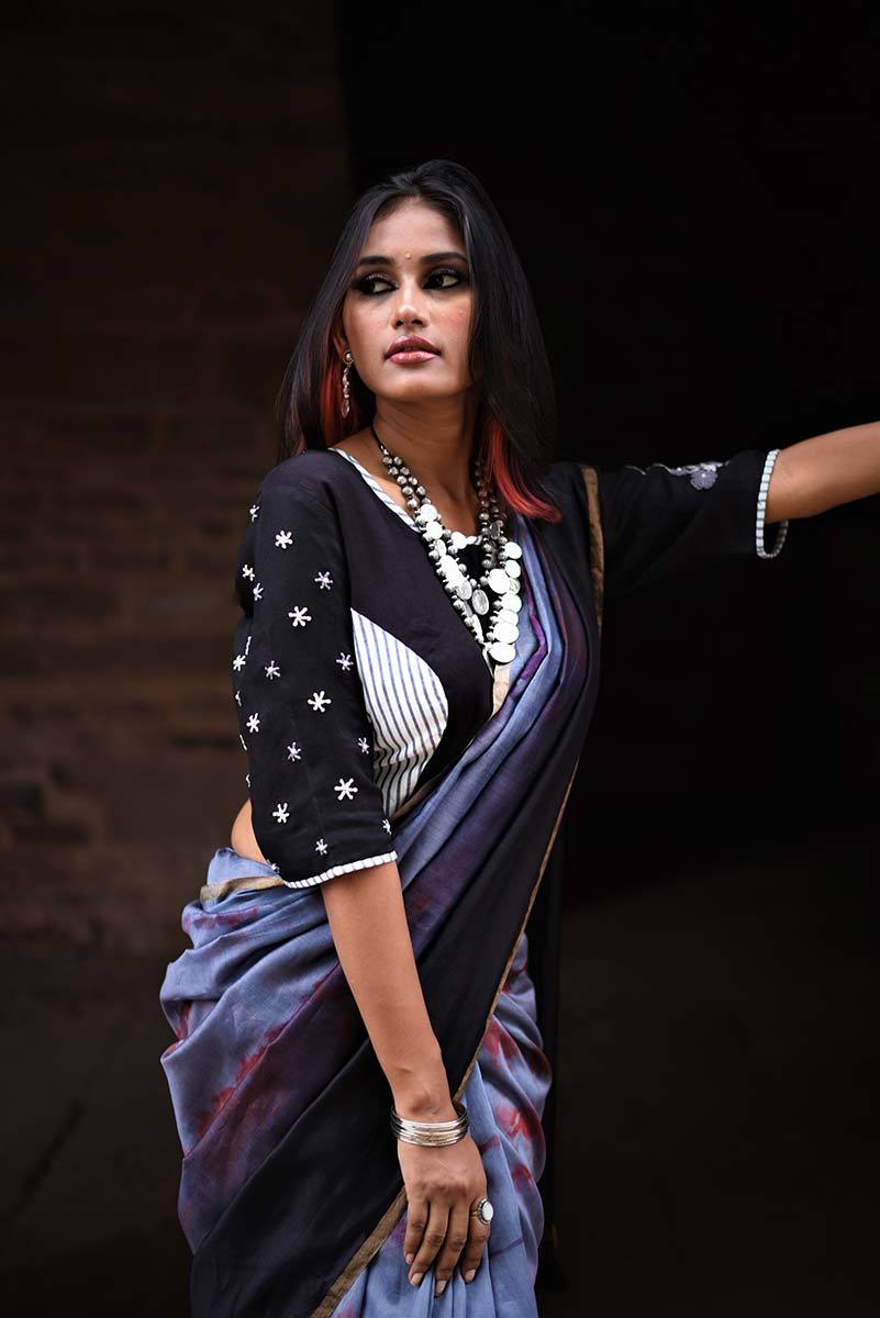 Black And Grey Color Designer Pure Silk Chanderi Saree - Shibori - Naksheband