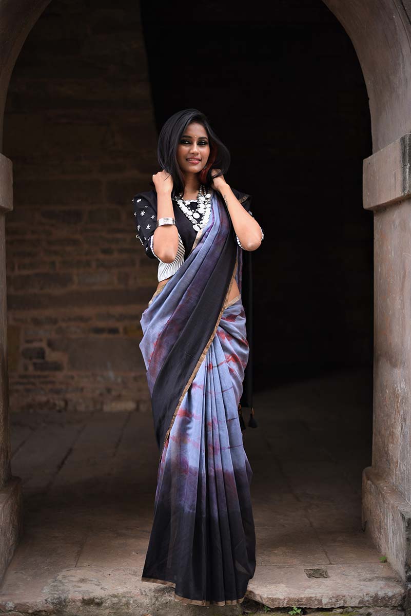 Black And Grey Color Designer Pure Silk Chanderi Saree - Shibori - Naksheband