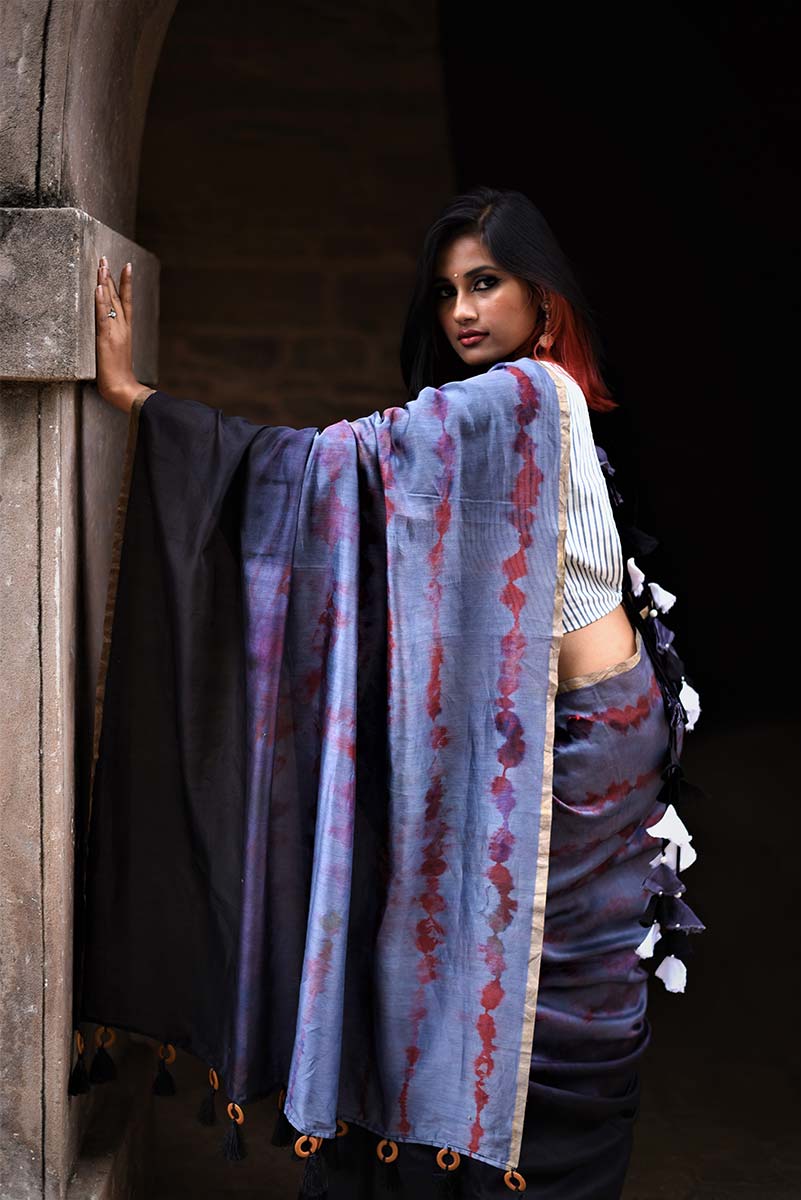 Black And Grey Color Designer Pure Silk Chanderi Saree - Shibori - Naksheband