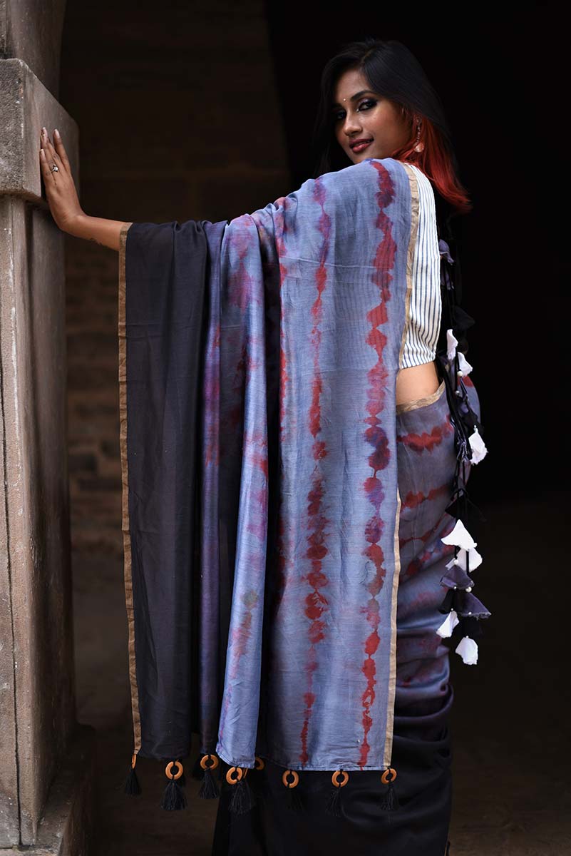 Black And Grey Color Designer Pure Silk Chanderi Saree - Shibori - Naksheband