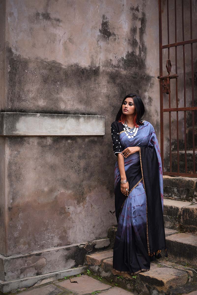 Black And Grey Color Designer Pure Silk Chanderi Saree - Shibori - Naksheband