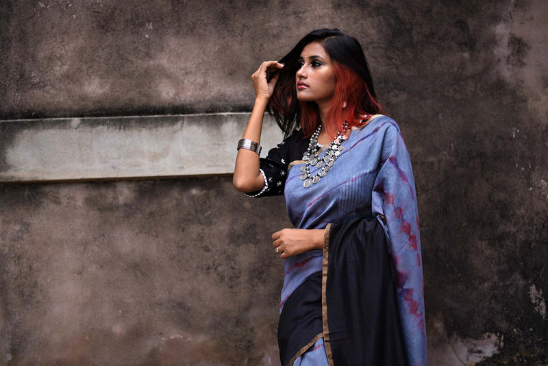 Black And Grey Color Designer Pure Silk Chanderi Saree - Shibori - Naksheband