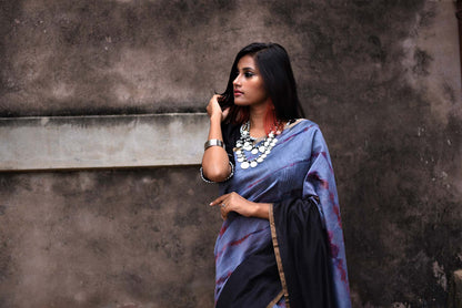 Black And Grey Color Designer Pure Silk Chanderi Saree - Shibori - Naksheband
