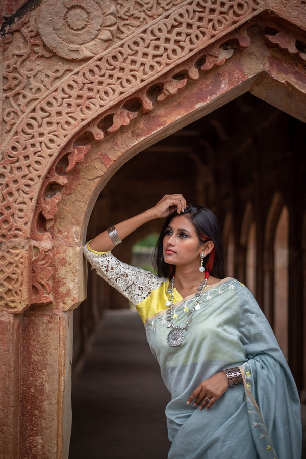 Grey Color  Designer Pure Silk Chanderi Saree - SunnySide - Naksheband