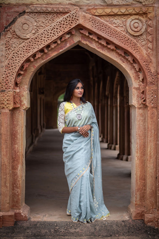 Grey Color  Designer Pure Silk Chanderi Saree - Sunny Side - Naksheband