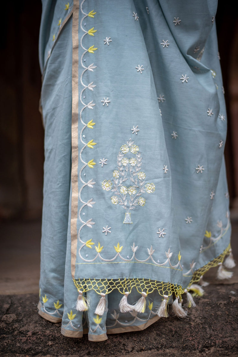 Grey Color  Designer Pure Silk Chanderi Saree - SunnySide - Naksheband