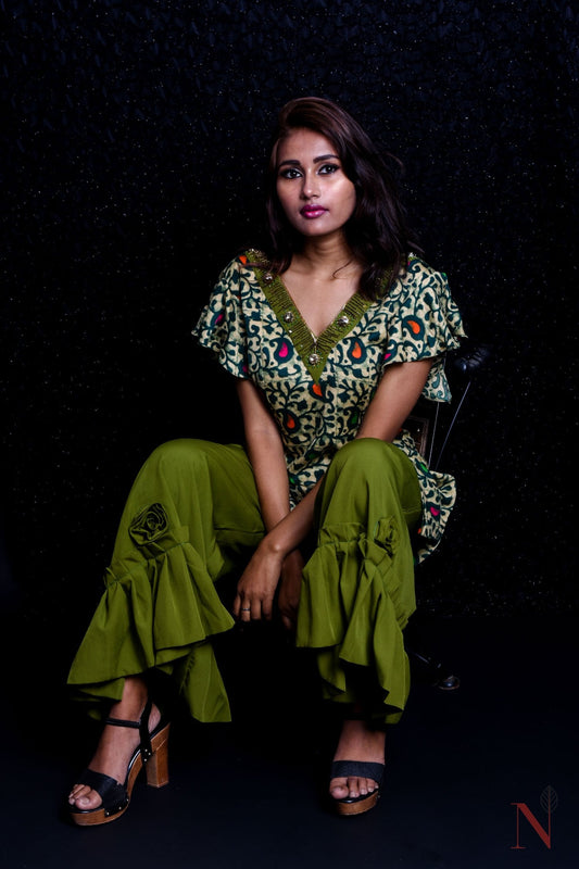 Olive Color With Prints Indowestern Designer Plazzo Top Set - Olive Drab - Naksheband