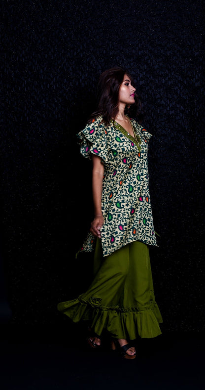 Olive Color With Prints Indowestern Designer Plazzo Top Set - Olive Drab - Naksheband