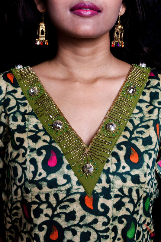 Olive Color With Prints Indowestern Designer Plazzo Top Set - Olive Drab - Naksheband