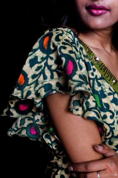 Olive Color With Prints Indowestern Designer Plazzo Top Set - Olive Drab - Naksheband