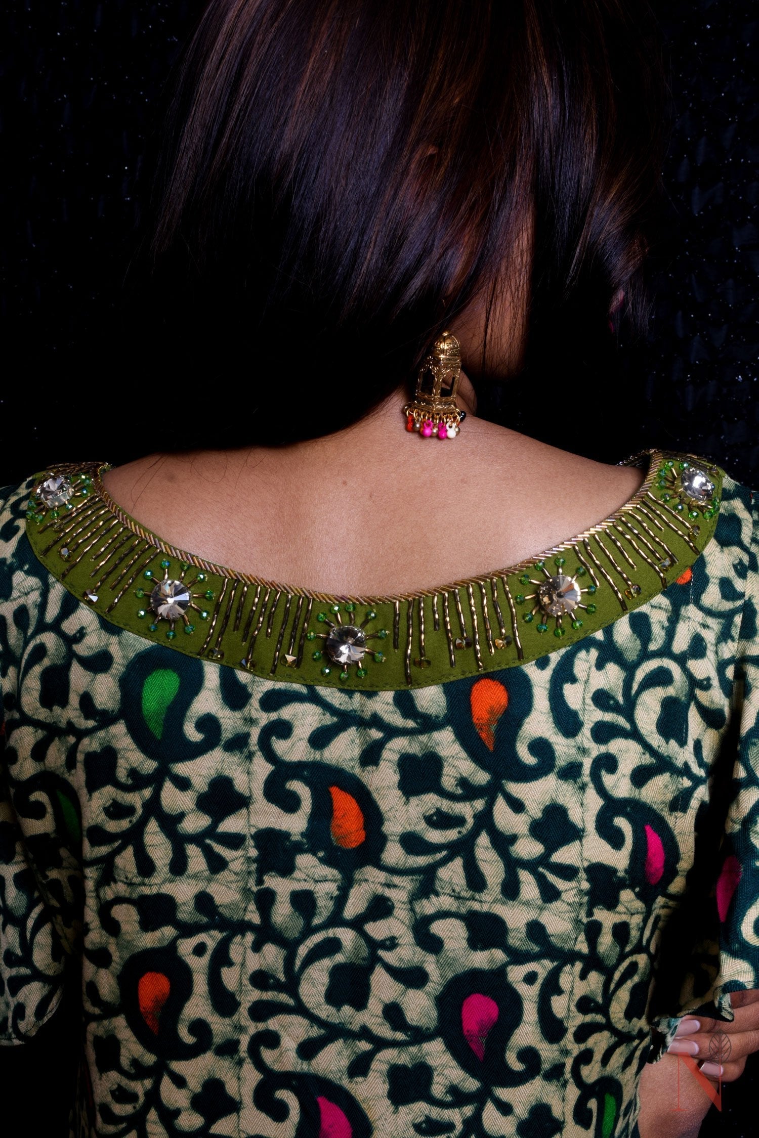 Olive Color With Prints Indowestern Designer Plazzo Top Set - Olive Drab - Naksheband