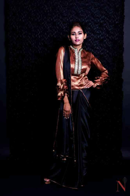Black And Brown Color Designer Satan Silk Saree - Sooty - Naksheband