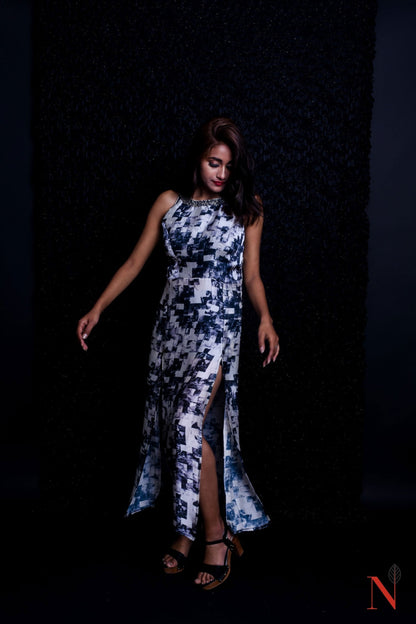 Black And White Color Indowestern Designer One Piece Dress- Hellebore - Naksheband