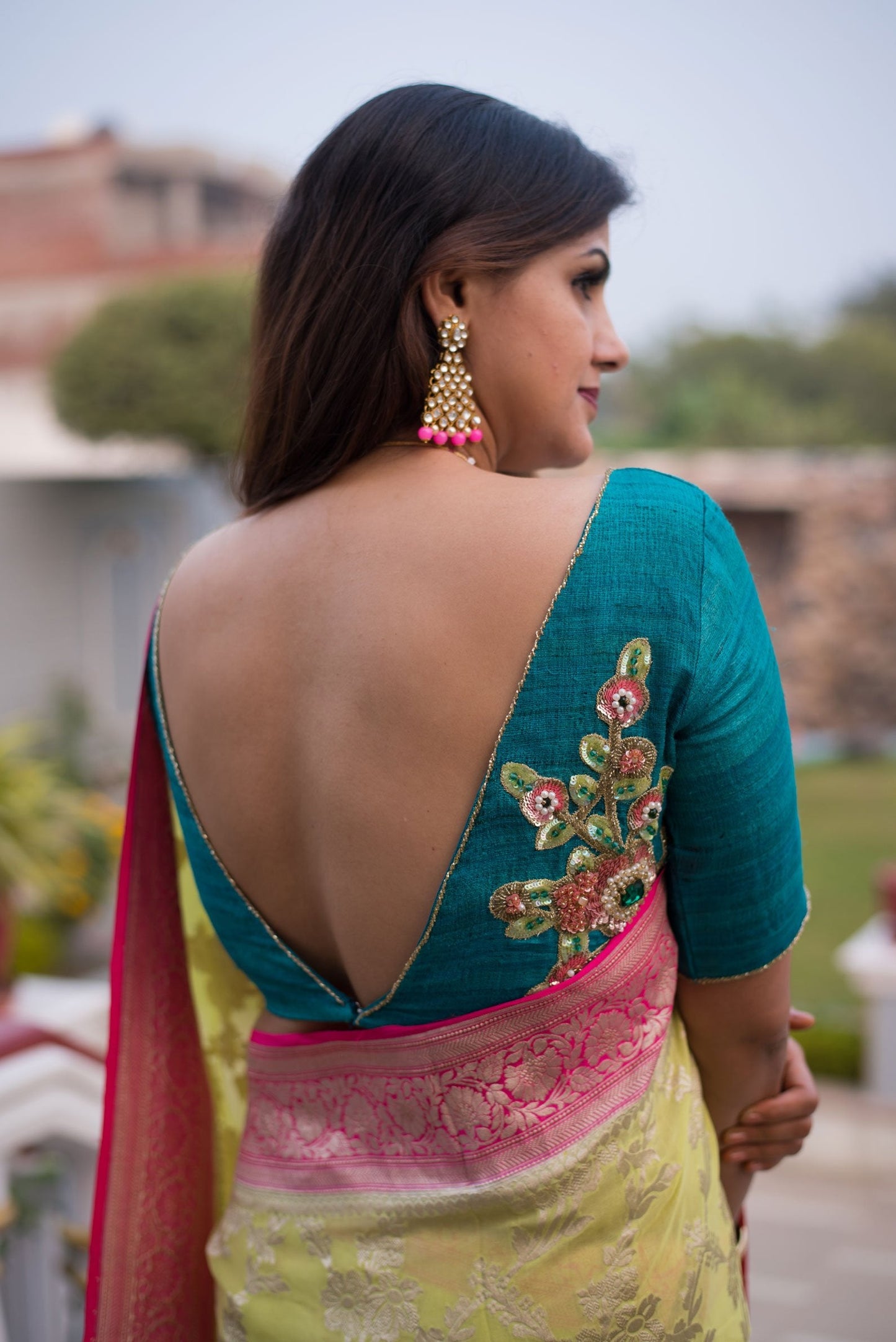 Turquoise Green Color Tusser Silk Embroidered designer Blouse - Turquoise - Naksheband