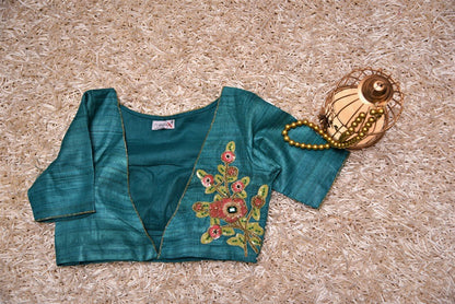Turquoise Green Color Tusser Silk Embroidered designer Blouse - Turquoise - Naksheband