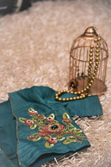 Raw Silk Embroidered designer Blouse - Turquoise Green - Naksheband