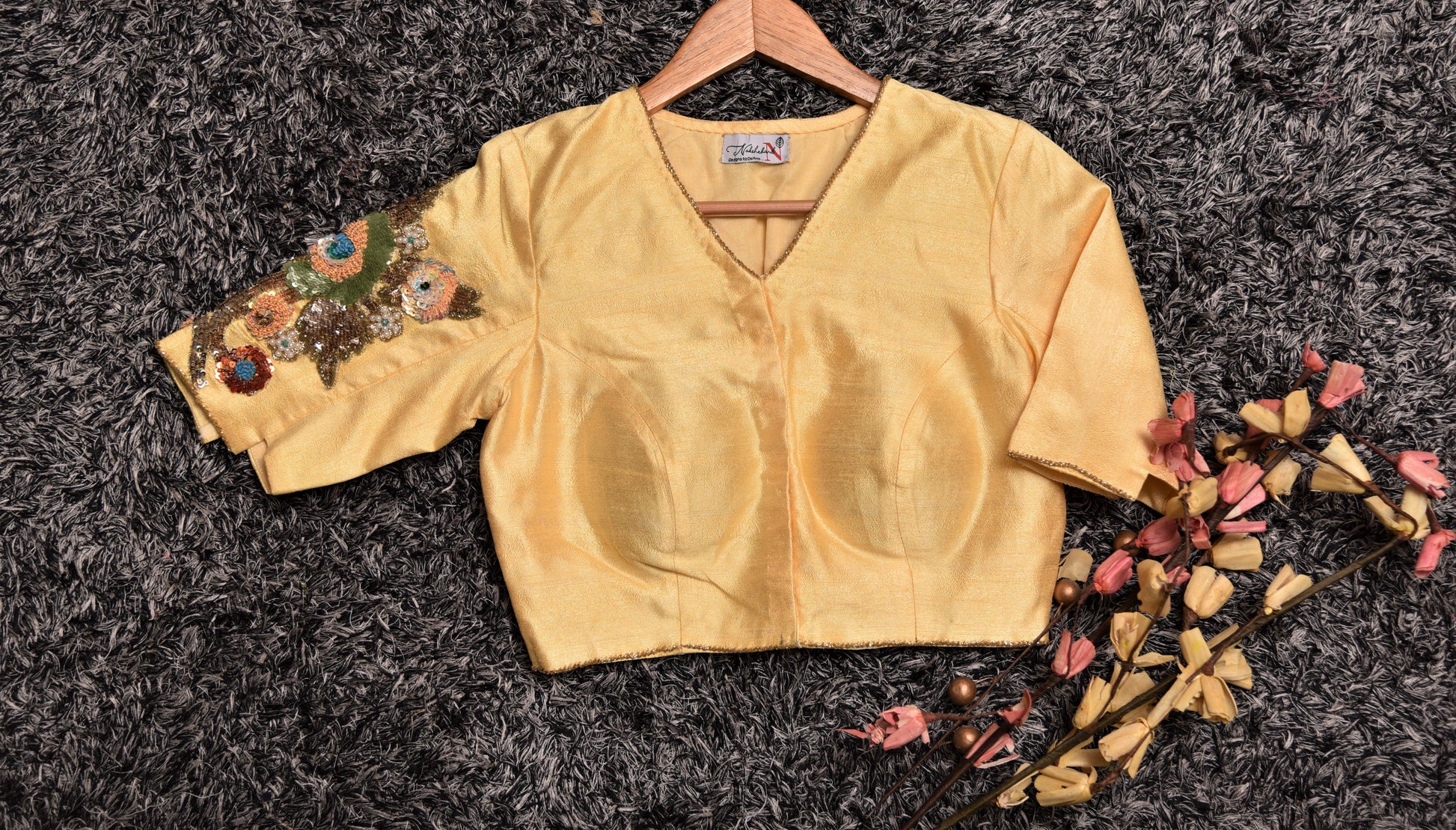 Blonde Color Raw Silk Embroidered designer Blouse - Blonde - Naksheband