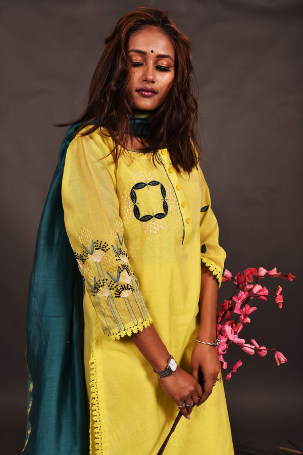Pure Chanderi Silk Suit Set Embroidery  - Calla - Naksheband