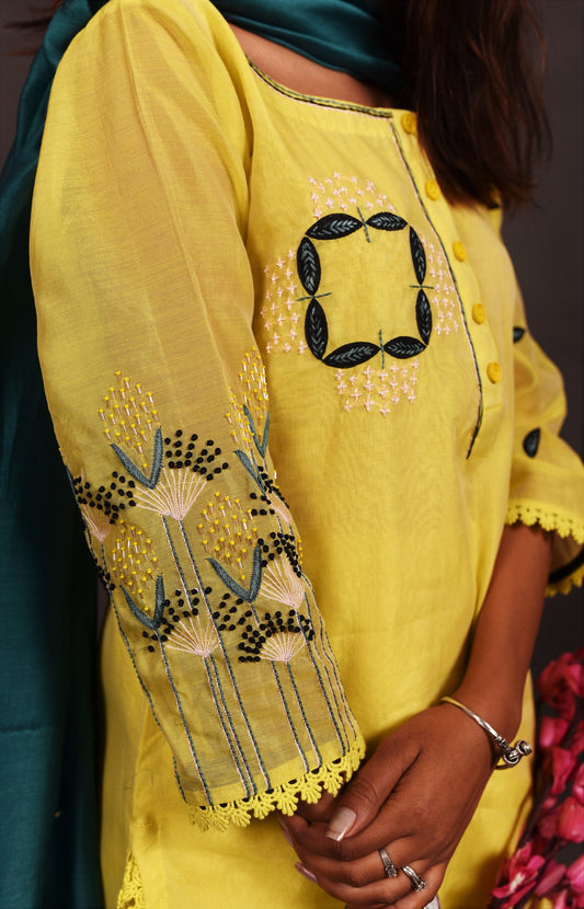 Pure Chanderi Silk Suit Set Embroidery  - Calla - Naksheband
