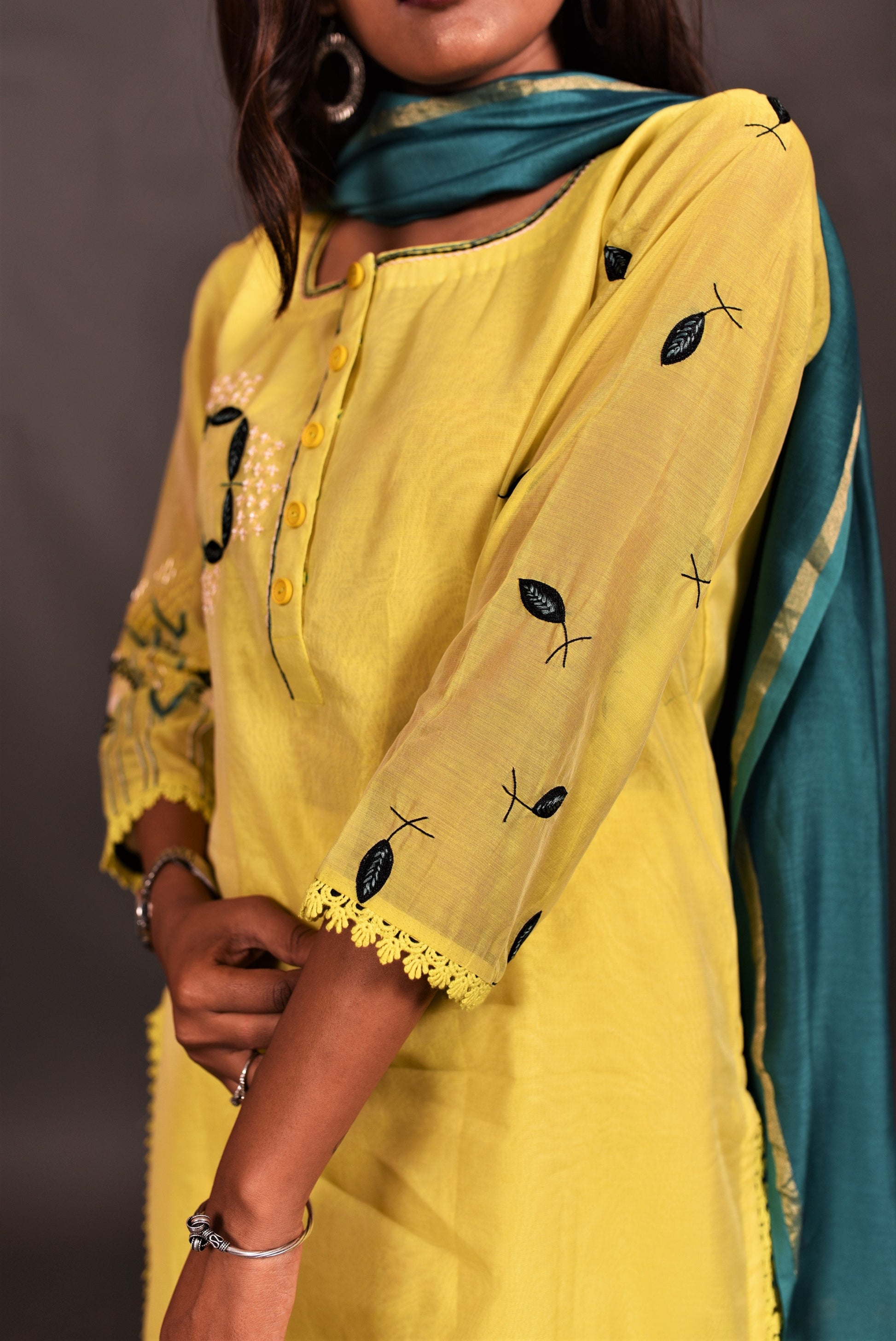 Pure Chanderi Silk Suit Set Embroidery  - Calla - Naksheband