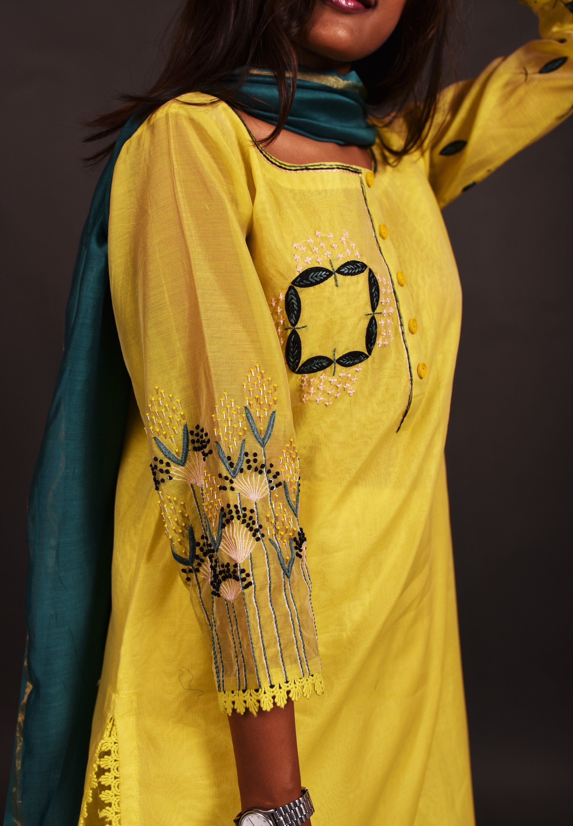 Pure Chanderi Silk Suit Set Embroidery  - Calla - Naksheband