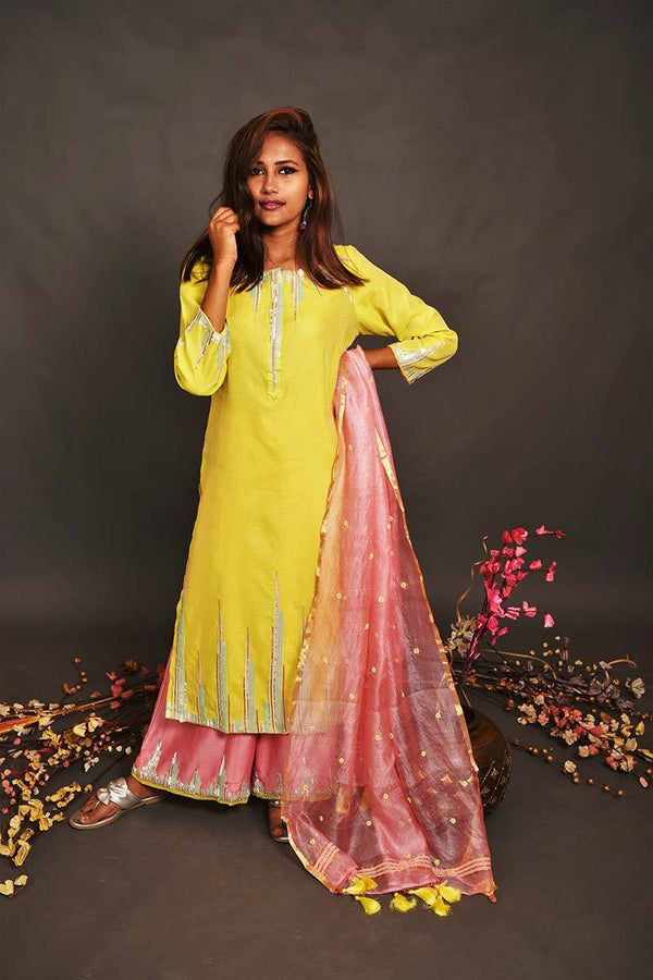 Lemon And Peach Pink Color Pure Silk Chanderi Suit Set Embroidery - Dasy Outlook - Naksheband