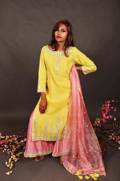 Lemon And Peach Pink Color Pure Silk Chanderi Suit Set Embroidery - Dasy Outlook - Naksheband