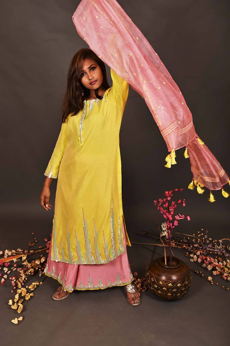 Lemon And Peach Pink Color Pure Silk Chanderi Suit Set Embroidery - Dasy Outlook - Naksheband