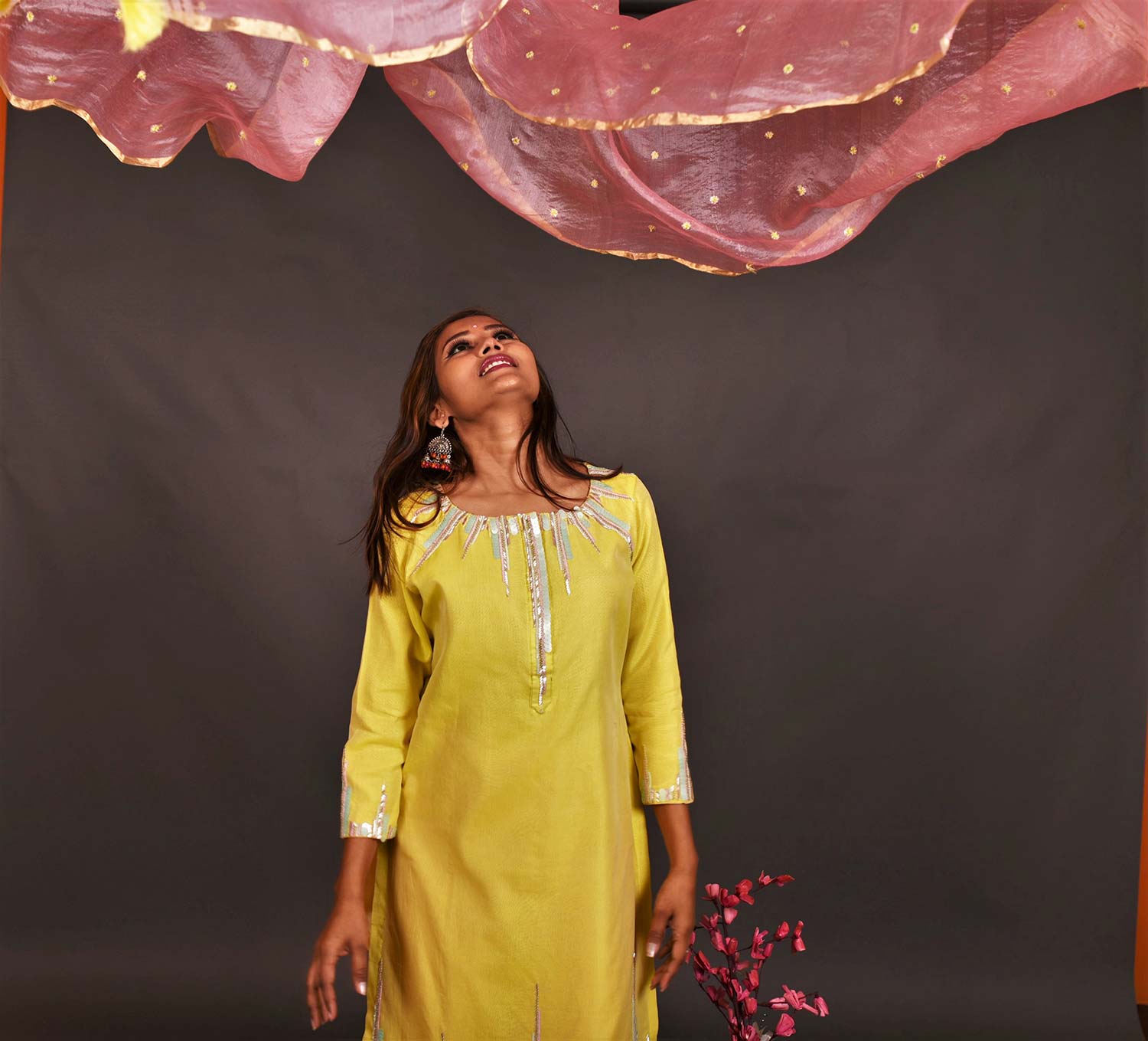 Lemon And Peach Pink Color Pure Silk Chanderi Suit Set Embroidery - Dasy Outlook - Naksheband