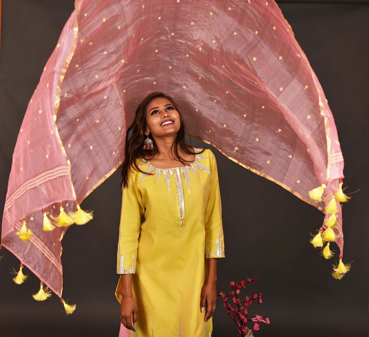 Lemon And Peach Pink Color Pure Silk Chanderi Suit Set Embroidery - Dasy Outlook - Naksheband