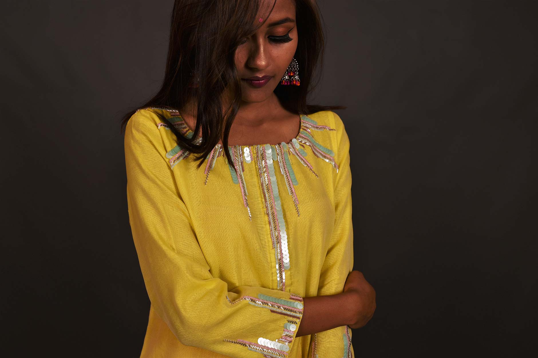 Lemon And Peach Pink Color Pure Silk Chanderi Suit Set Embroidery - Dasy Outlook - Naksheband