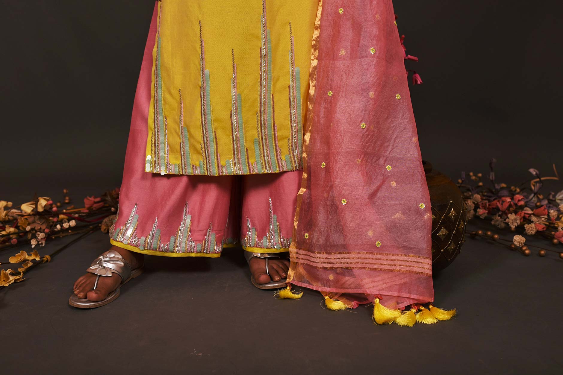 Lemon And Peach Pink Color Pure Silk Chanderi Suit Set Embroidery - Dasy Outlook - Naksheband