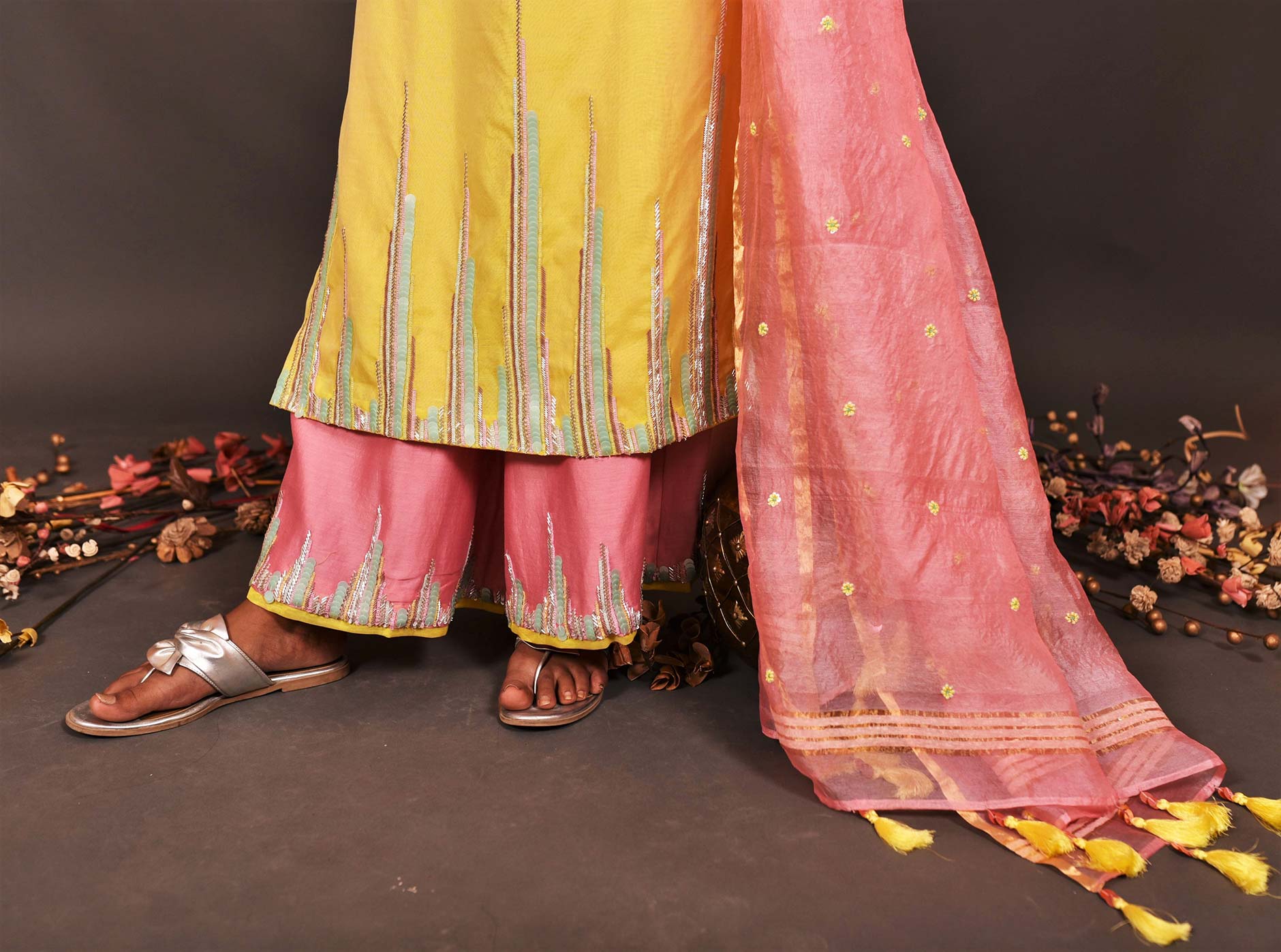 Lemon And Peach Pink Color Pure Silk Chanderi Suit Set Embroidery - Dasy Outlook - Naksheband