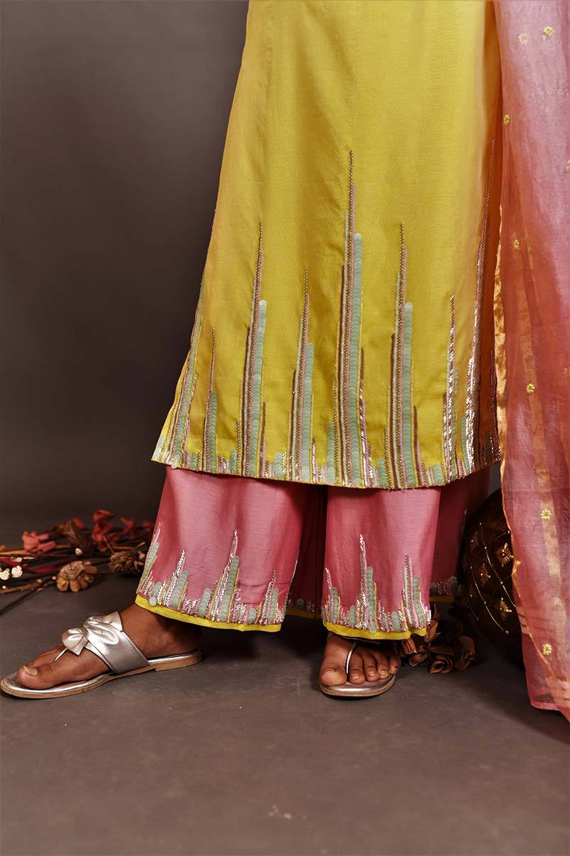 Lemon And Peach Pink Color Pure Silk Chanderi Suit Set Embroidery - Dasy Outlook - Naksheband