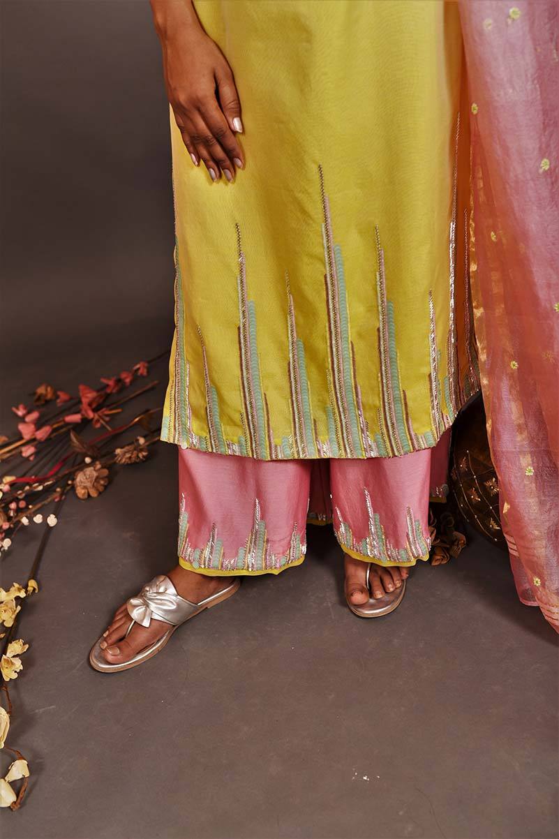Lemon And Peach Pink Color Pure Silk Chanderi Suit Set Embroidery - Dasy Outlook - Naksheband