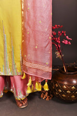 Lemon And Peach Pink Color Pure Silk Chanderi Suit Set Embroidery - Dasy Outlook - Naksheband