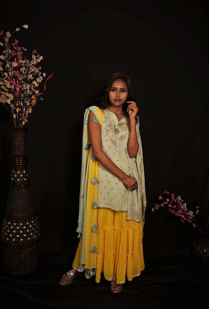 Pista Green And Yellow Color Teared Garara Georgette Set - Yarrow