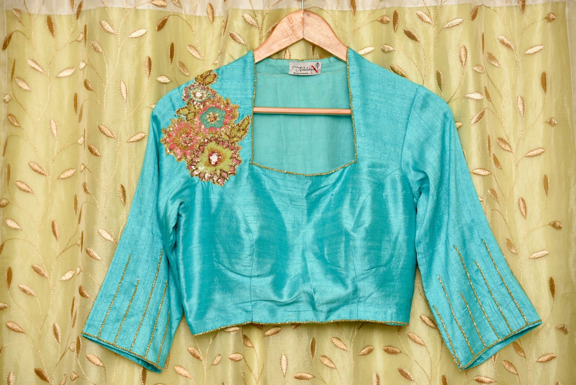 Belize Sea Green Color Raw Silk Embroidered designer Blouse - Belize - Naksheband