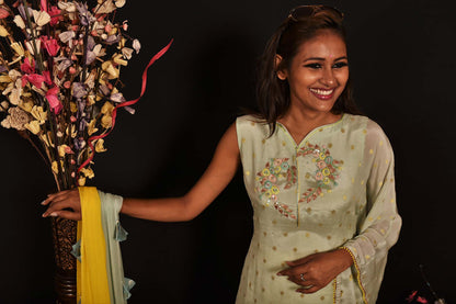 Pista Green And Yellow Color Teared Garara Georgette Set - Yarrow