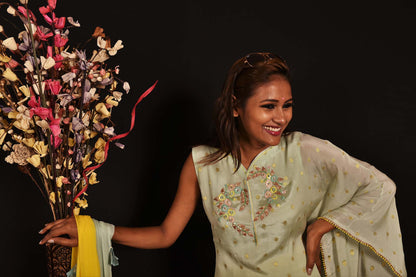 Pista Green And Yellow Color Teared Garara Georgette Set - Yarrow