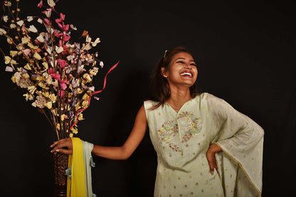 Pista Green And Yellow Color Teared Garara Georgette Set - Yarrow