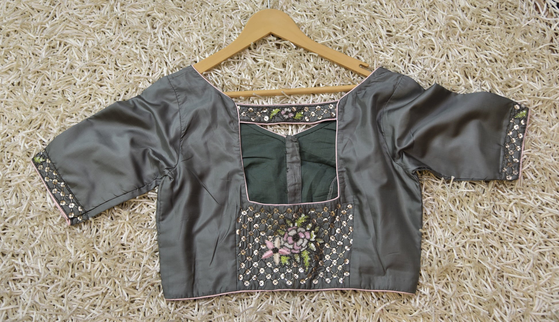 Grey Color Silk Crape Designer blouse - Serene - Naksheband